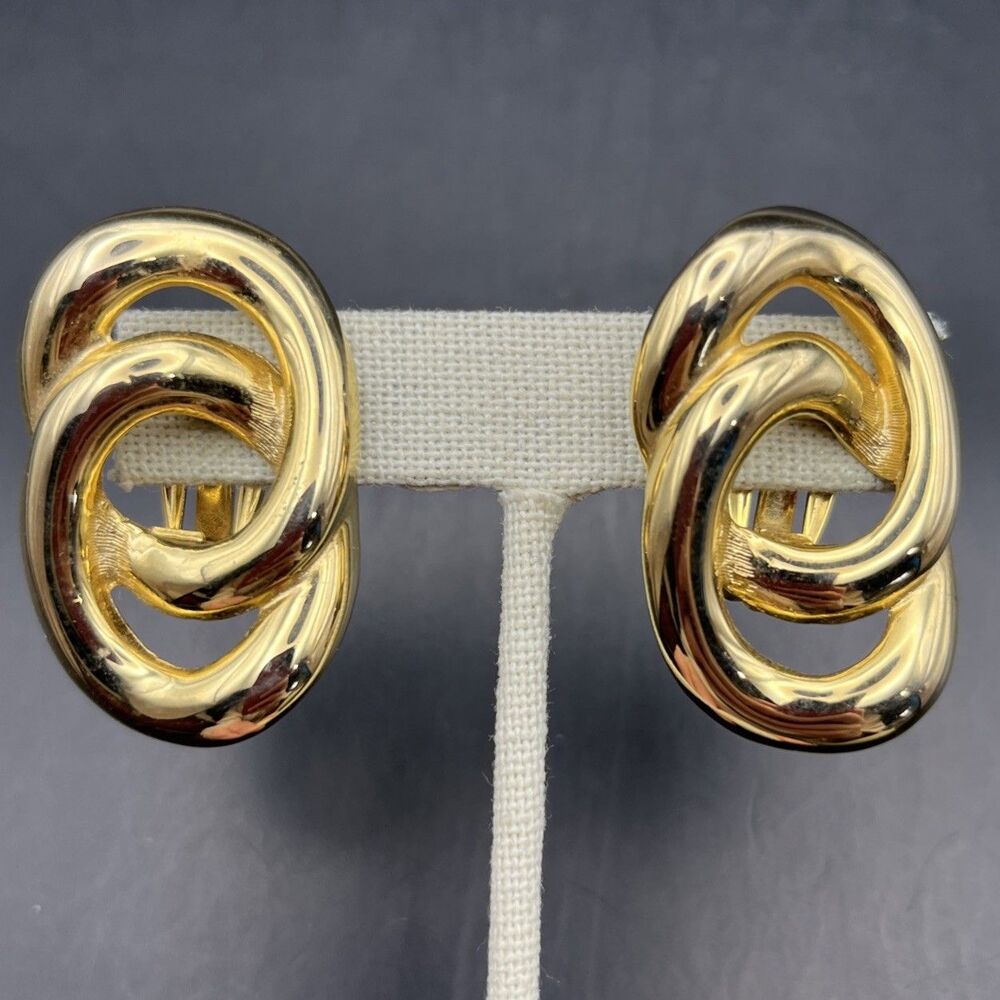 Alexis Kirk Earrings Clip On Large Big Gold Tone Runway Style 80s Bold Vintage